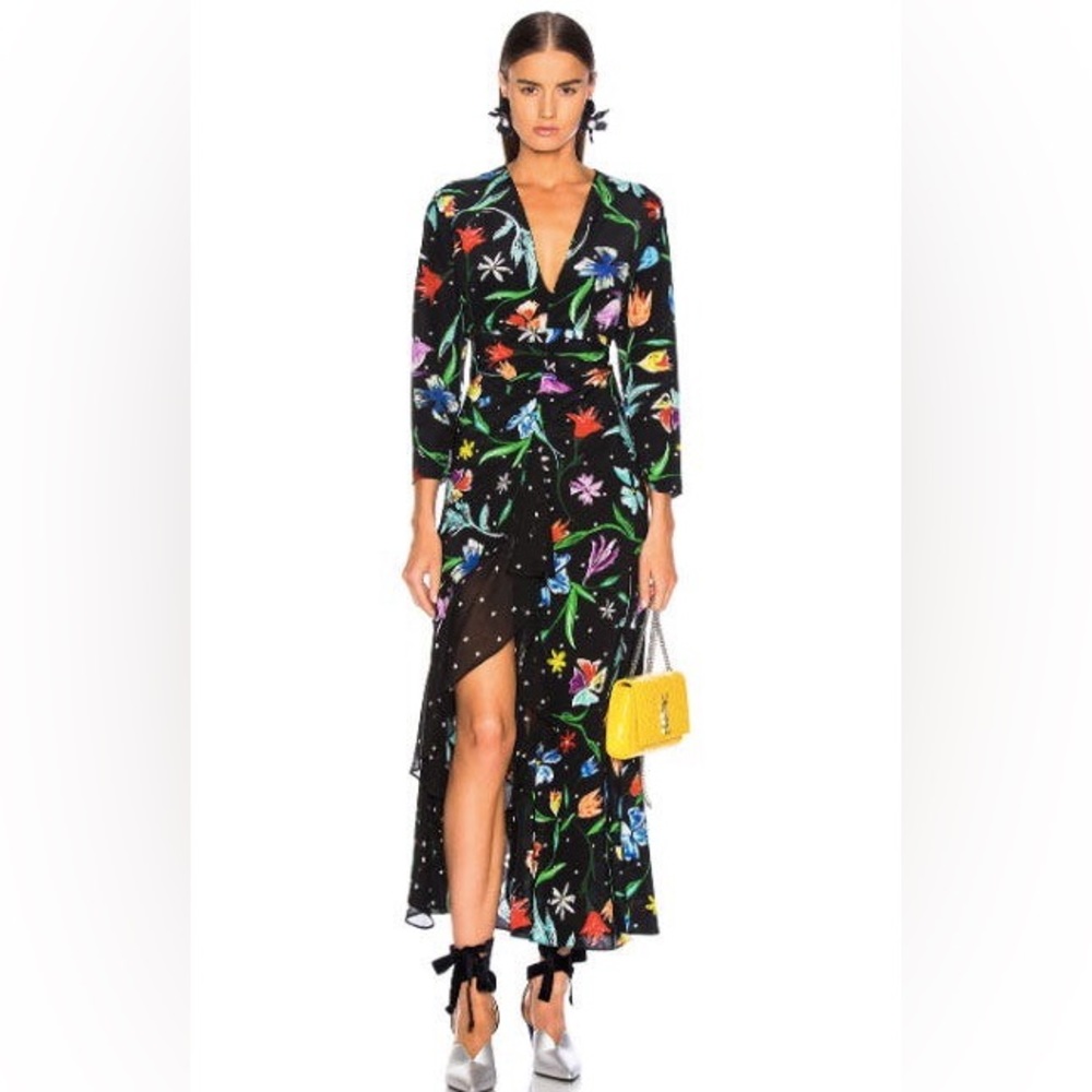 RIXO—Black Floral Midi Wrap Dress